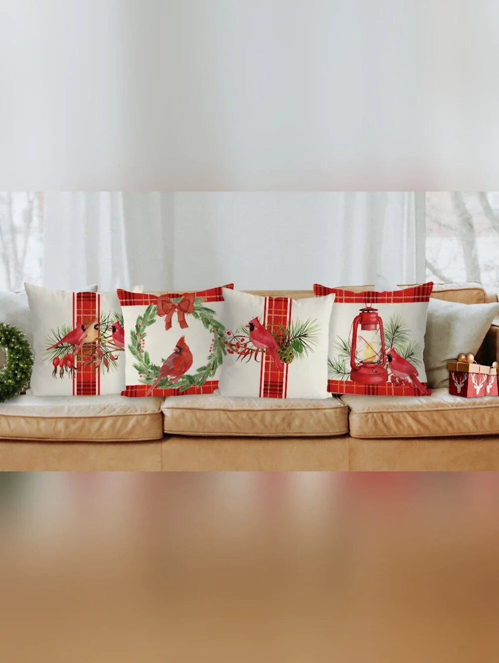 Christmas Pillow Covers 18 x 18 Inch Set of 4 Christmas Cardinal Red NEW